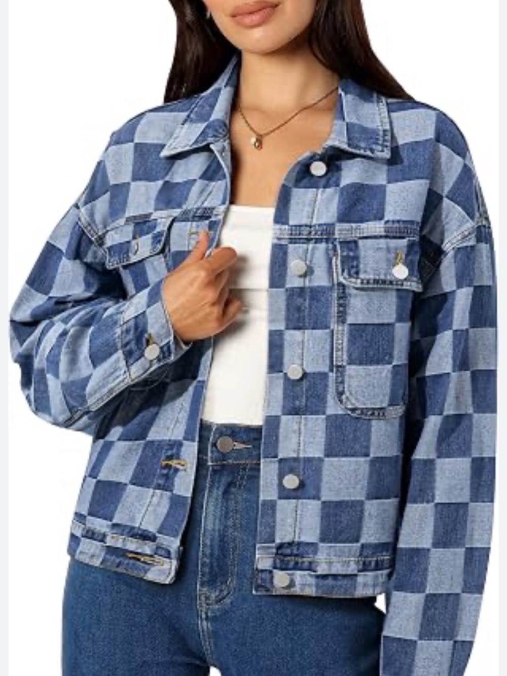 Checkered Patchwork Denim Jacket Oversized Button Front Jean Trucker Coat Size L